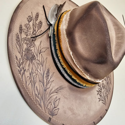 Country Wildflowers || Taupe Suede Burned Wide Brim Hat