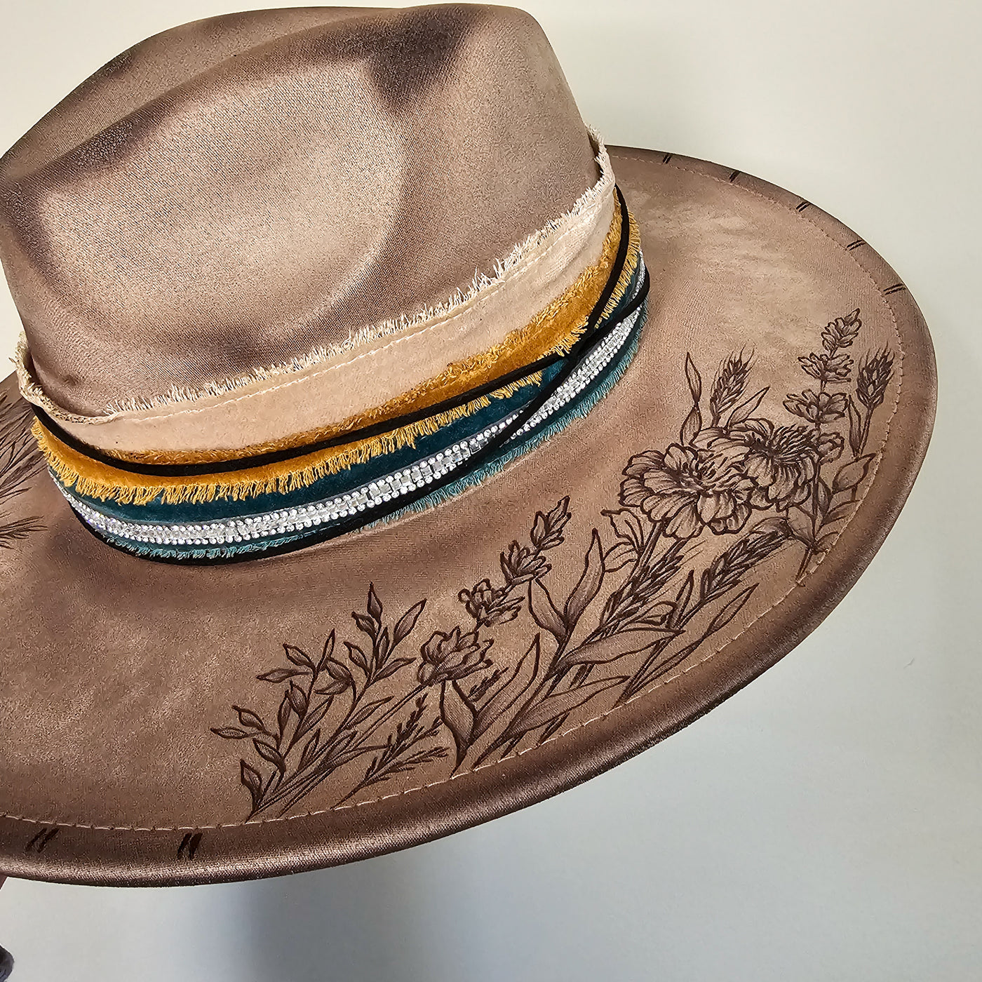 Country Wildflowers || Taupe Suede Burned Wide Brim Hat
