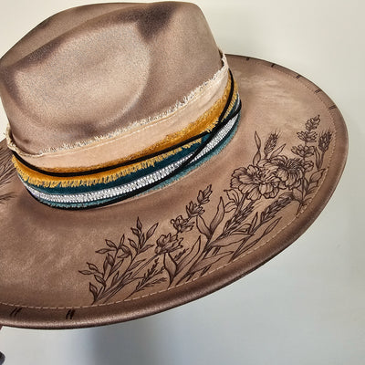 Country Wildflowers || Taupe Suede Burned Wide Brim Hat