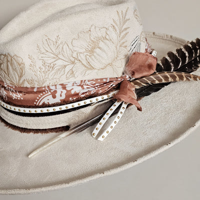Nashville Glam || Large || Ivory Suede Burned Wide Brim Hat