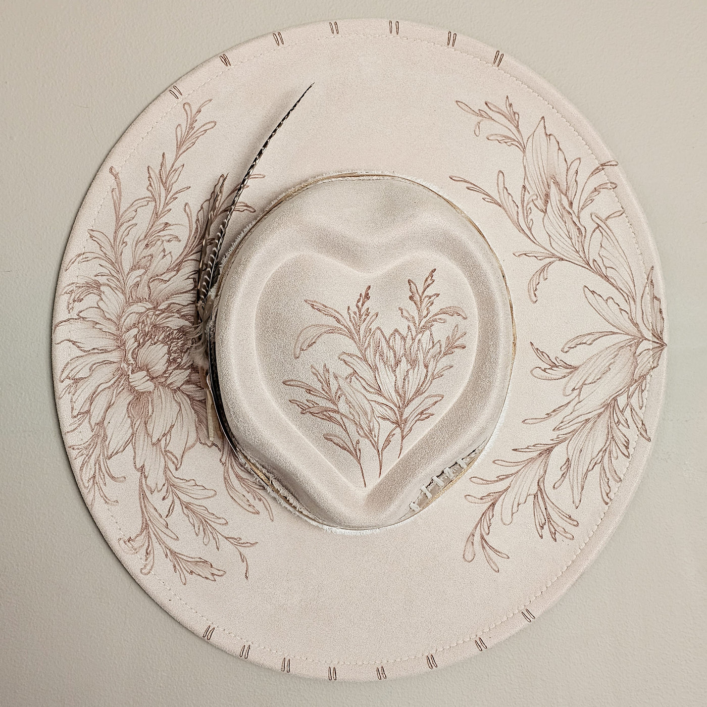 Whimsical Love || Ivory Suede Burned Wide Brim Heart Hat