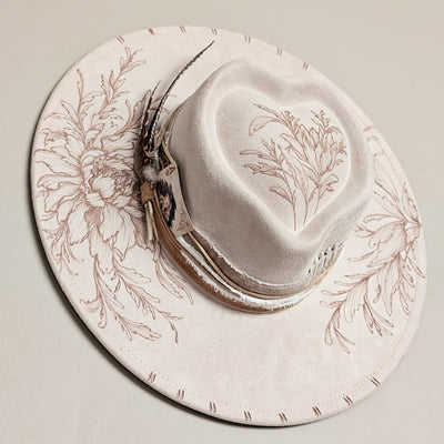 Whimsical Love || Ivory Suede Burned Wide Brim Heart Hat