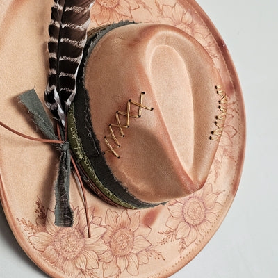 Rustic Sunflower || Tan Suede Burned Wide Brim Hat