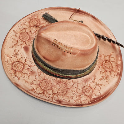 Rustic Sunflower || Tan Suede Burned Wide Brim Hat