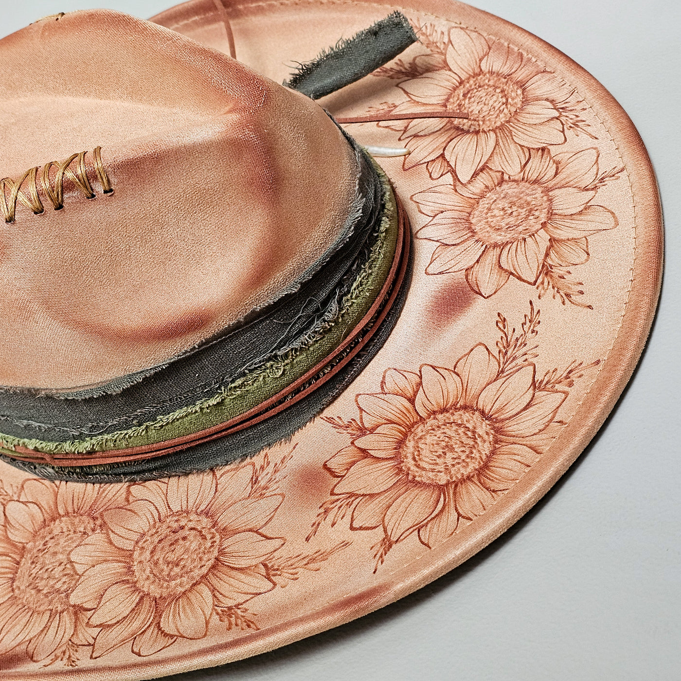 Rustic Sunflower || Tan Suede Burned Wide Brim Hat