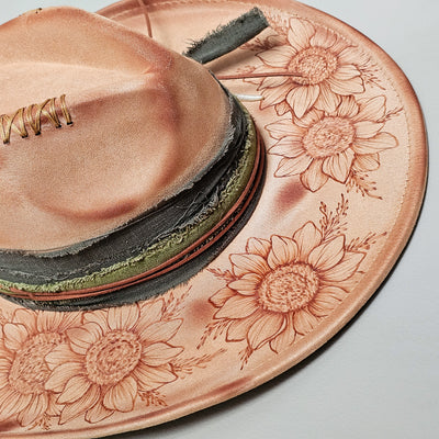 Rustic Sunflower || Tan Suede Burned Wide Brim Hat