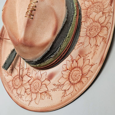 Rustic Sunflower || Tan Suede Burned Wide Brim Hat