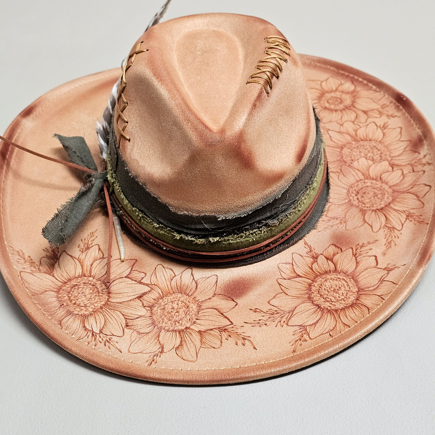 Rustic Sunflower || Tan Suede Burned Wide Brim Hat