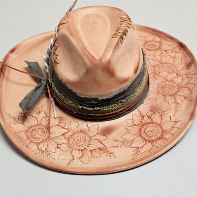 Rustic Sunflower || Tan Suede Burned Wide Brim Hat