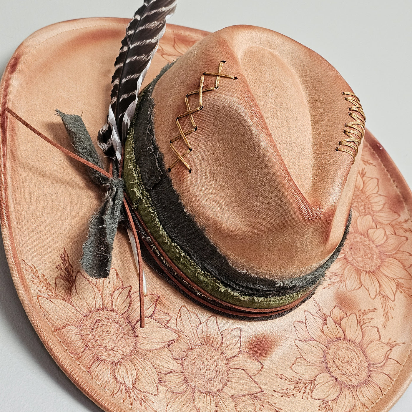 Rustic Sunflower || Tan Suede Burned Wide Brim Hat