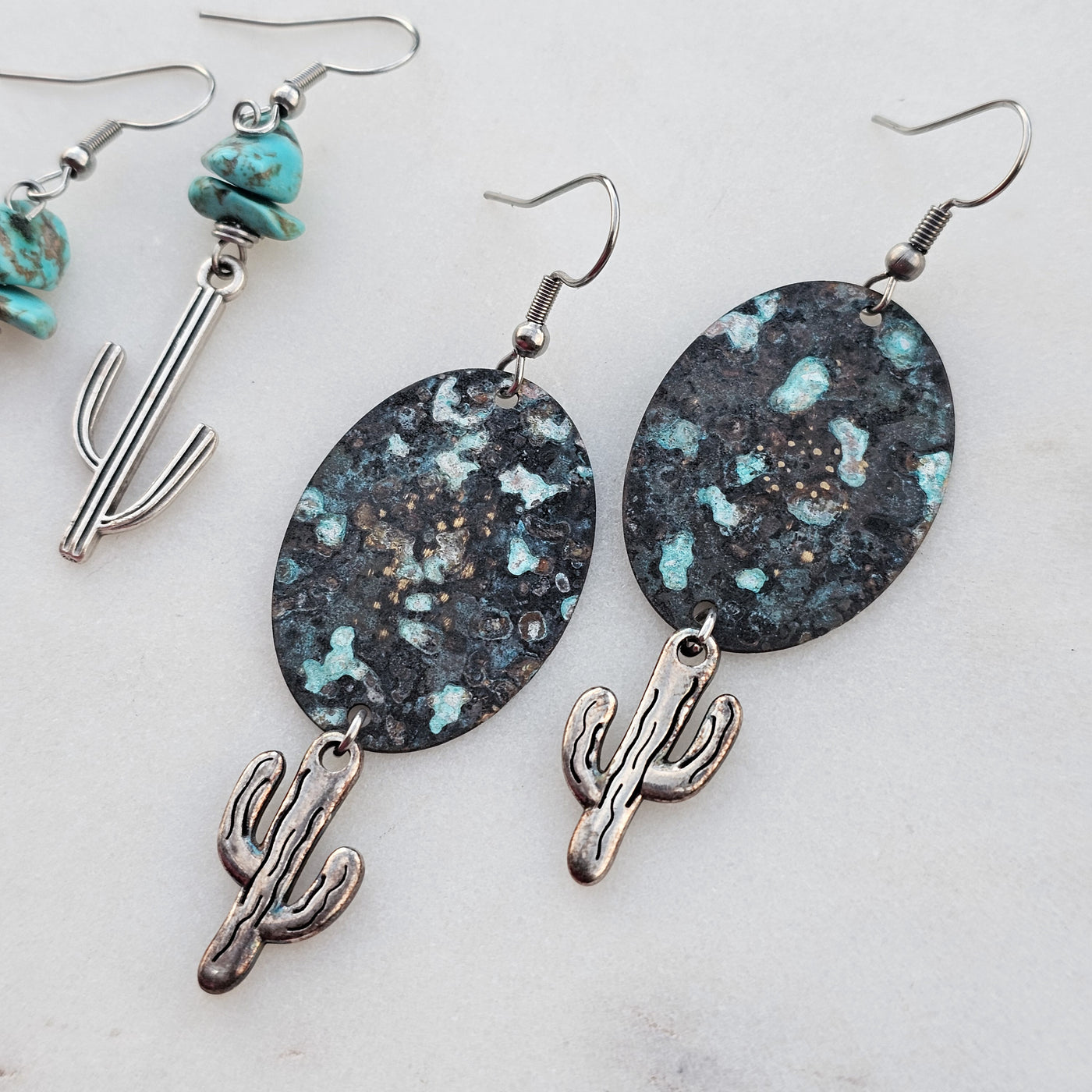 Turquoise Patina + Cactus Drop Earrings