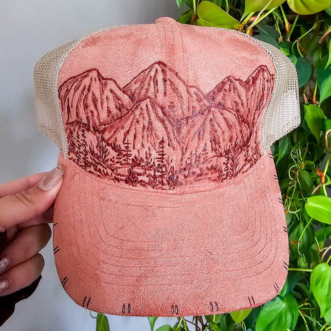 The Mountains are Calling || Coral and Cream Suede Baseball Mesh Trucker Style Hat || Freehand Burned