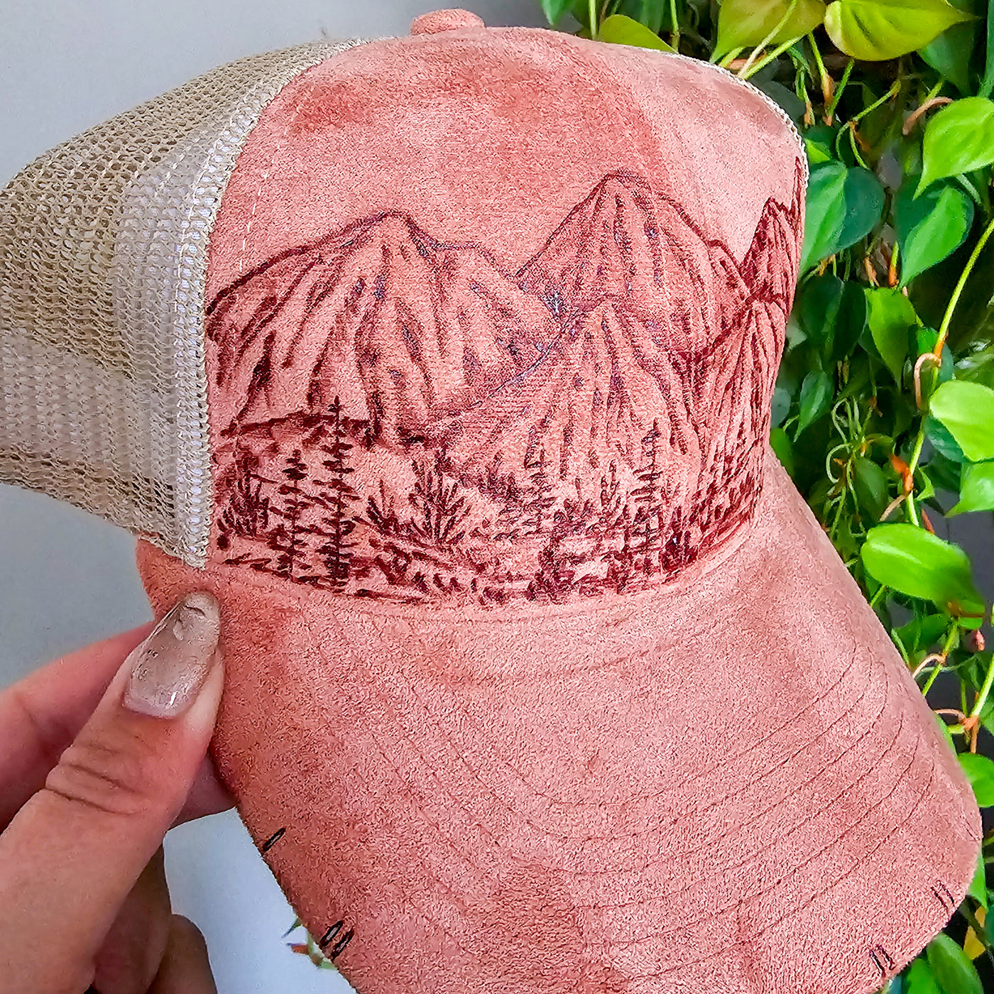 The Mountains are Calling || Coral and Cream Suede Baseball Mesh Trucker Style Hat || Freehand Burned