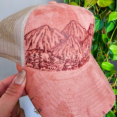 The Mountains are Calling || Coral and Cream Suede Baseball Mesh Trucker Style Hat || Freehand Burned