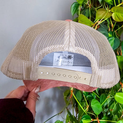 The Mountains are Calling || Coral and Cream Suede Baseball Mesh Trucker Style Hat || Freehand Burned