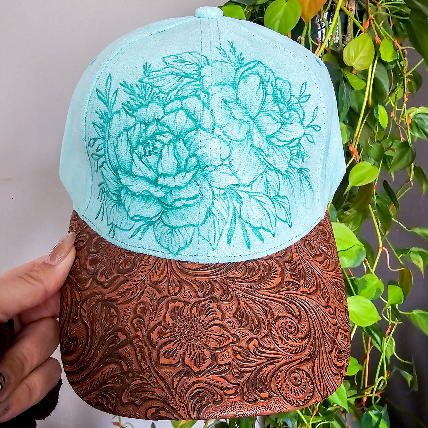 Peonies and Tooled Leather|| Mint Suede Baseball Style Hat || Freehand Burned