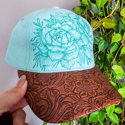 Peonies and Tooled Leather|| Mint Suede Baseball Style Hat || Freehand Burned
