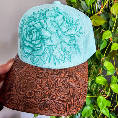 Peonies and Tooled Leather|| Mint Suede Baseball Style Hat || Freehand Burned