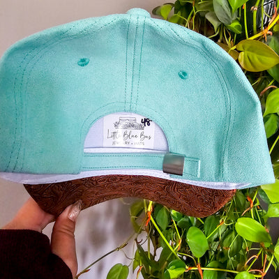 Peonies and Tooled Leather|| Mint Suede Baseball Style Hat || Freehand Burned