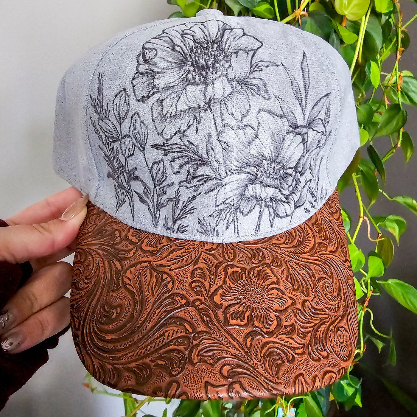 Country Garden || Gray Suede Baseball Style Hat || Freehand Burned