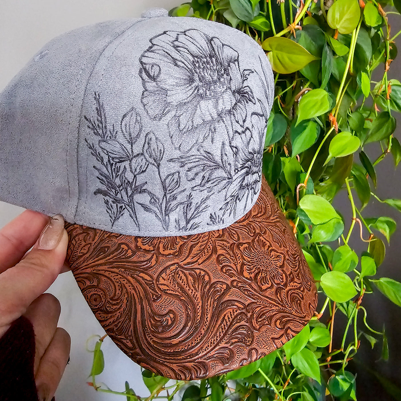 Country Garden || Gray Suede Baseball Style Hat || Freehand Burned
