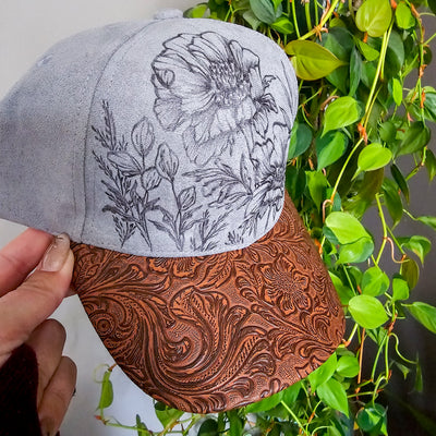Country Garden || Gray Suede Baseball Style Hat || Freehand Burned
