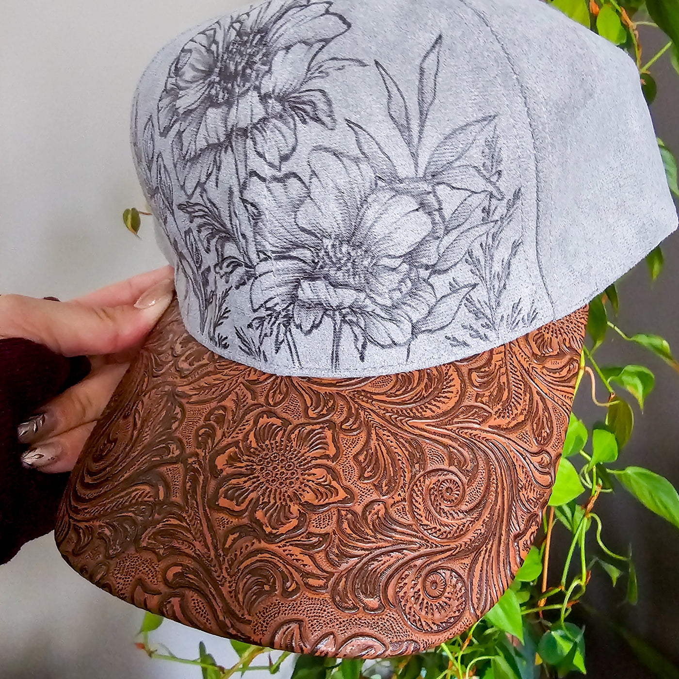 Country Garden || Gray Suede Baseball Style Hat || Freehand Burned