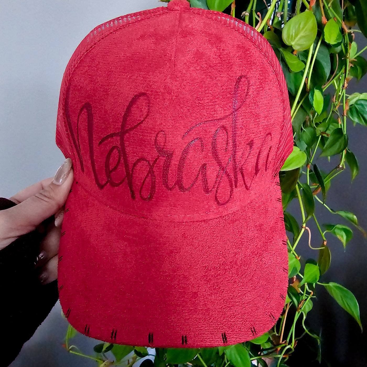 Nebraska || Red Suede Baseball Style Mesh Trucker Hat || Freehand Burned