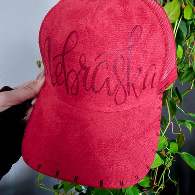 Nebraska || Red Suede Baseball Style Mesh Trucker Hat || Freehand Burned