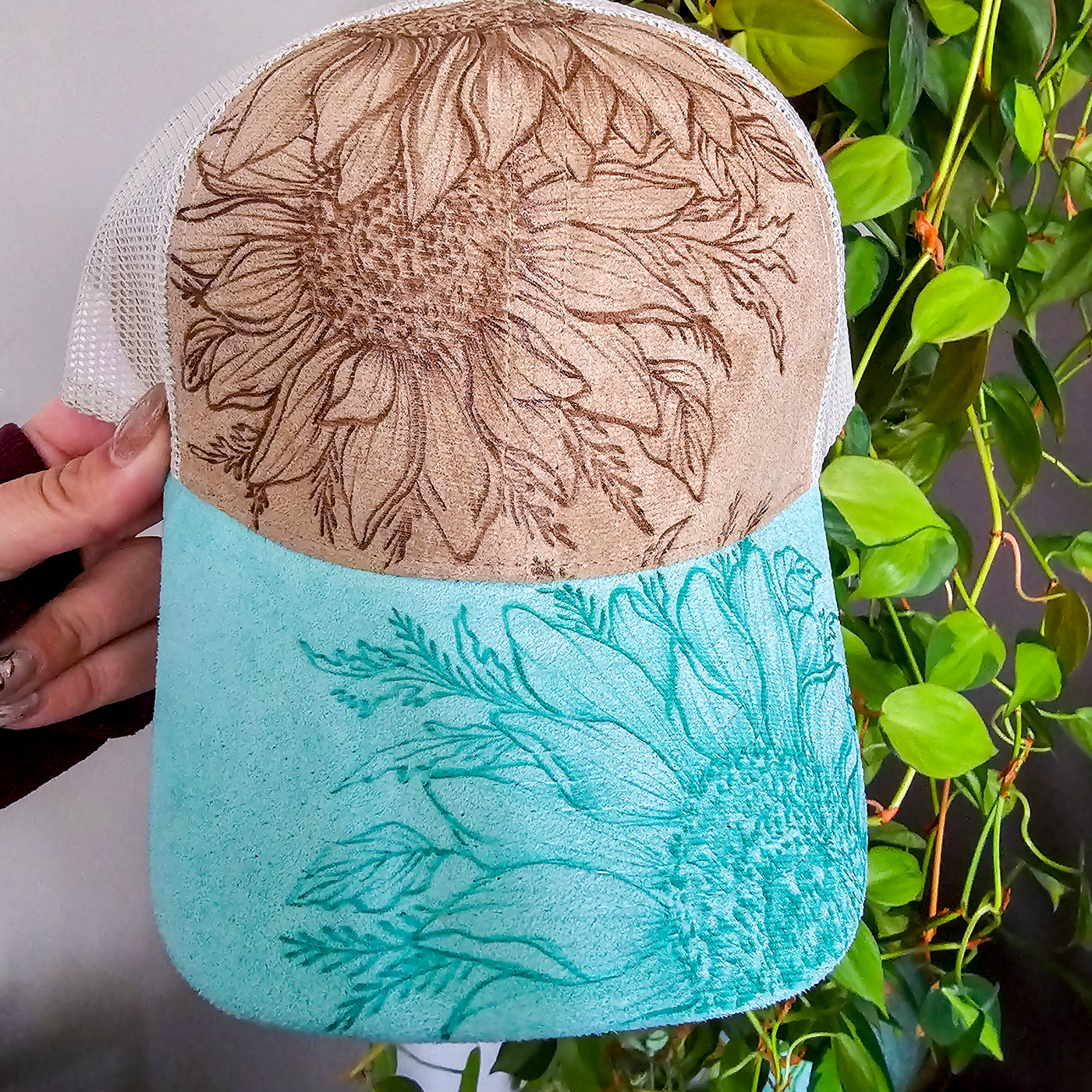 Sunflower Trio || Mint and Tan Suede Baseball Mesh Trucker Ponytail Style Hat || Freehand Burned