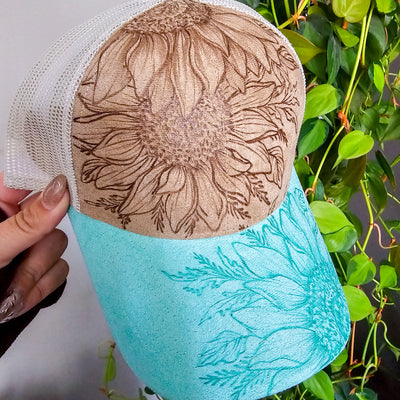 Sunflower Trio || Mint and Tan Suede Baseball Mesh Trucker Ponytail Style Hat || Freehand Burned