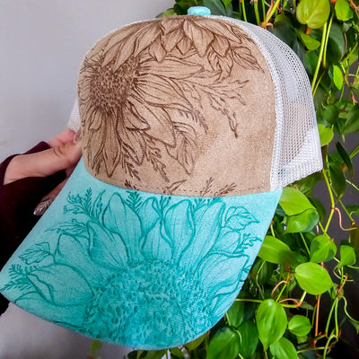 Sunflower Trio || Mint and Tan Suede Baseball Mesh Trucker Ponytail Style Hat || Freehand Burned