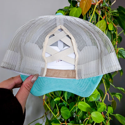 Sunflower Trio || Mint and Tan Suede Baseball Mesh Trucker Ponytail Style Hat || Freehand Burned