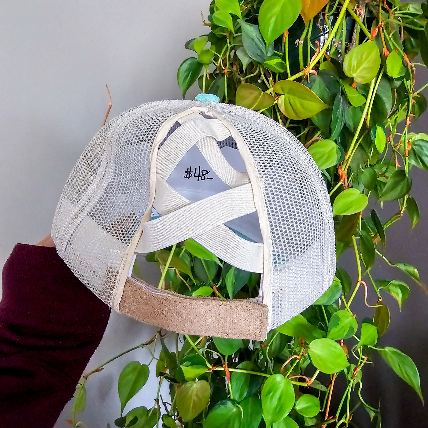 Sunflower Trio || Mint and Tan Suede Baseball Mesh Trucker Ponytail Style Hat || Freehand Burned