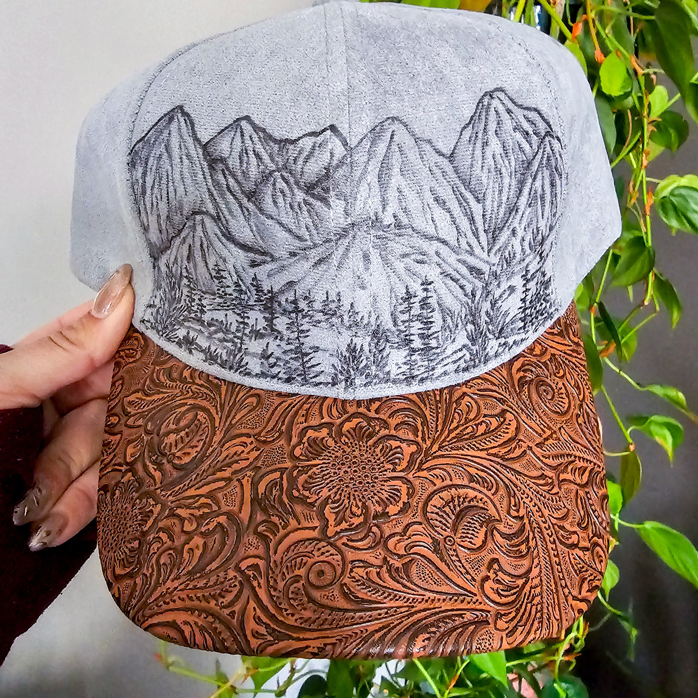 Mountain Views || Gray Suede and Faux Tooled Leather Baseball Style Hat || Freehand Burned