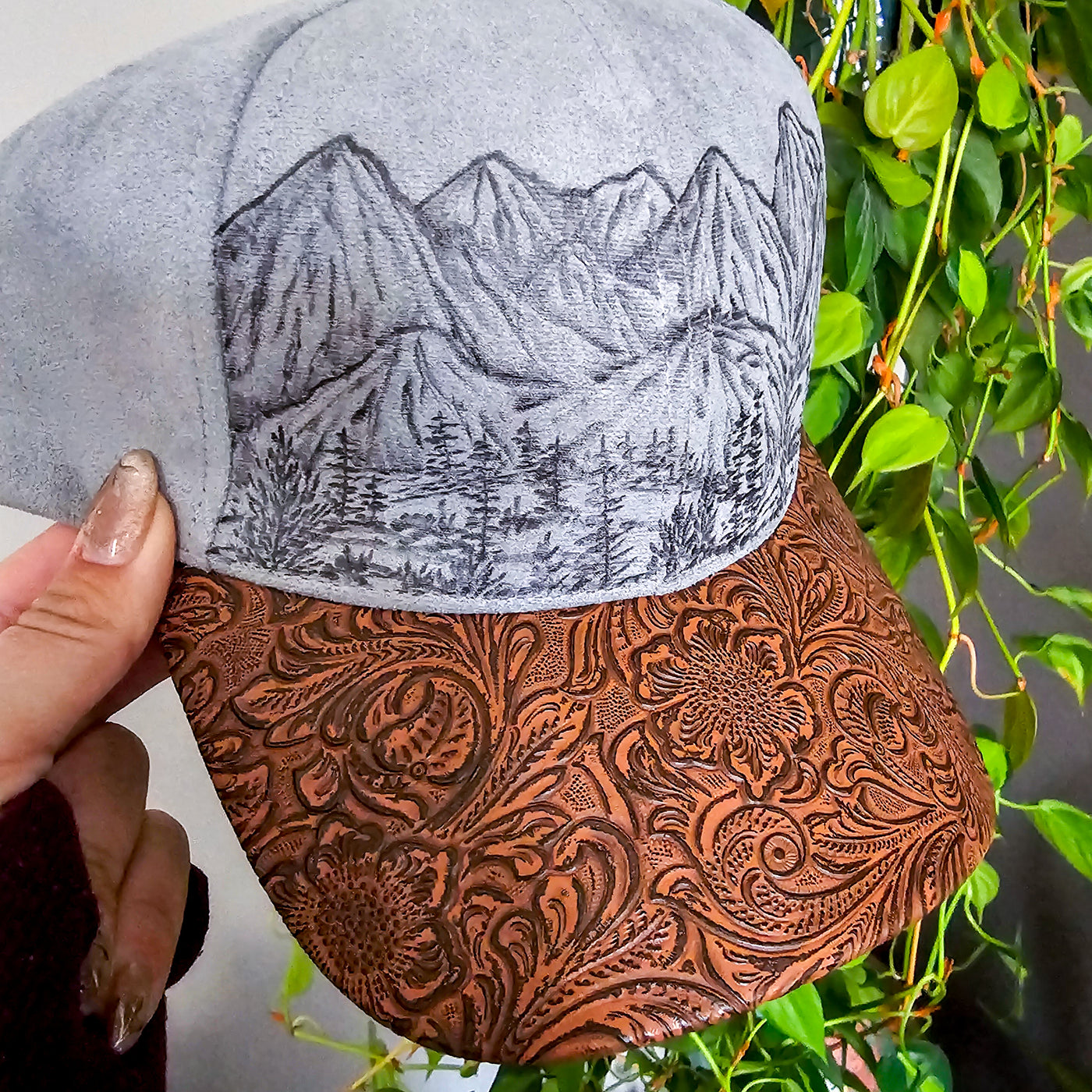 Mountain Views || Gray Suede and Faux Tooled Leather Baseball Style Hat || Freehand Burned