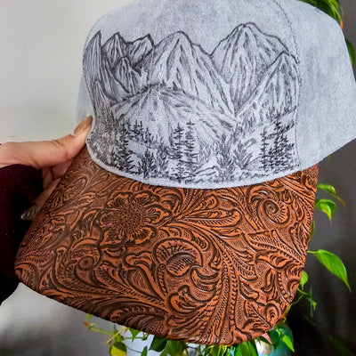 Mountain Views || Gray Suede and Faux Tooled Leather Baseball Style Hat || Freehand Burned
