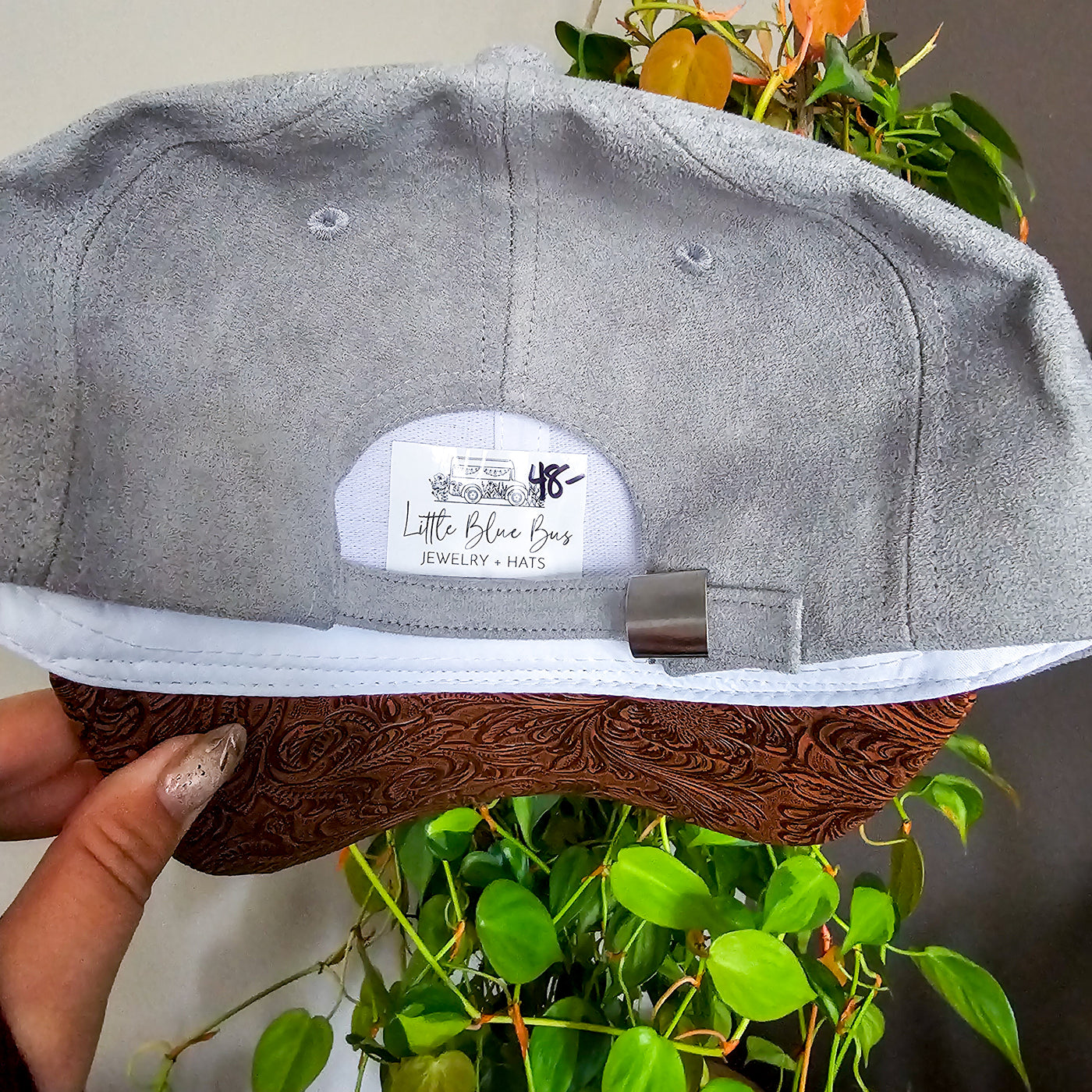 Mountain Views || Gray Suede and Faux Tooled Leather Baseball Style Hat || Freehand Burned