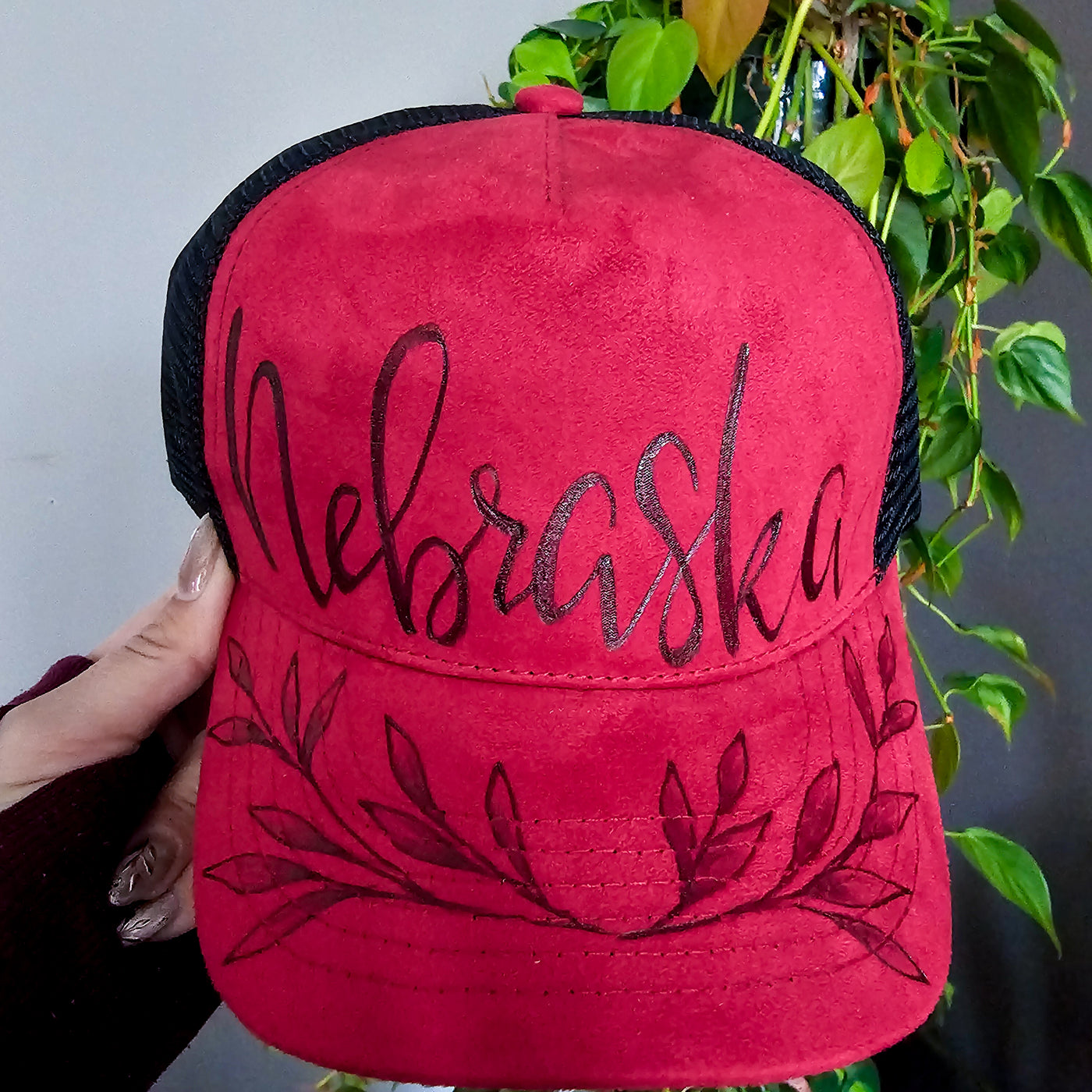 Nebraska || Red/Black Suede Baseball Style Mesh Trucker Hat || Freehand Burned