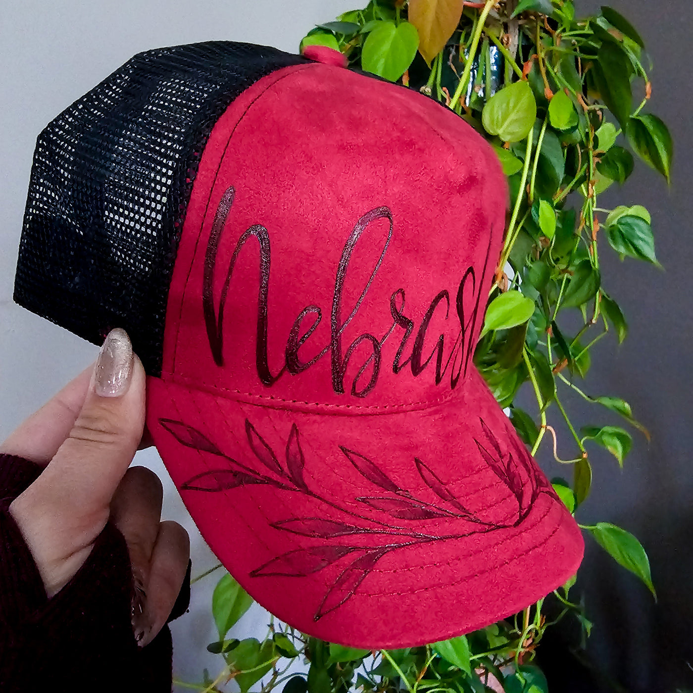 Nebraska || Red/Black Suede Baseball Style Mesh Trucker Hat || Freehand Burned