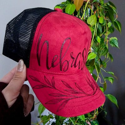 Nebraska || Red/Black Suede Baseball Style Mesh Trucker Hat || Freehand Burned