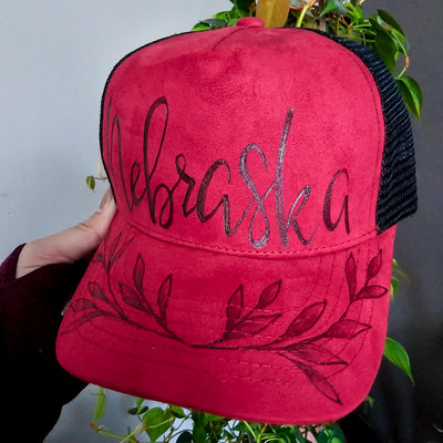 Nebraska || Red/Black Suede Baseball Style Mesh Trucker Hat || Freehand Burned