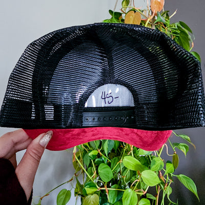 Nebraska || Red/Black Suede Baseball Style Mesh Trucker Hat || Freehand Burned