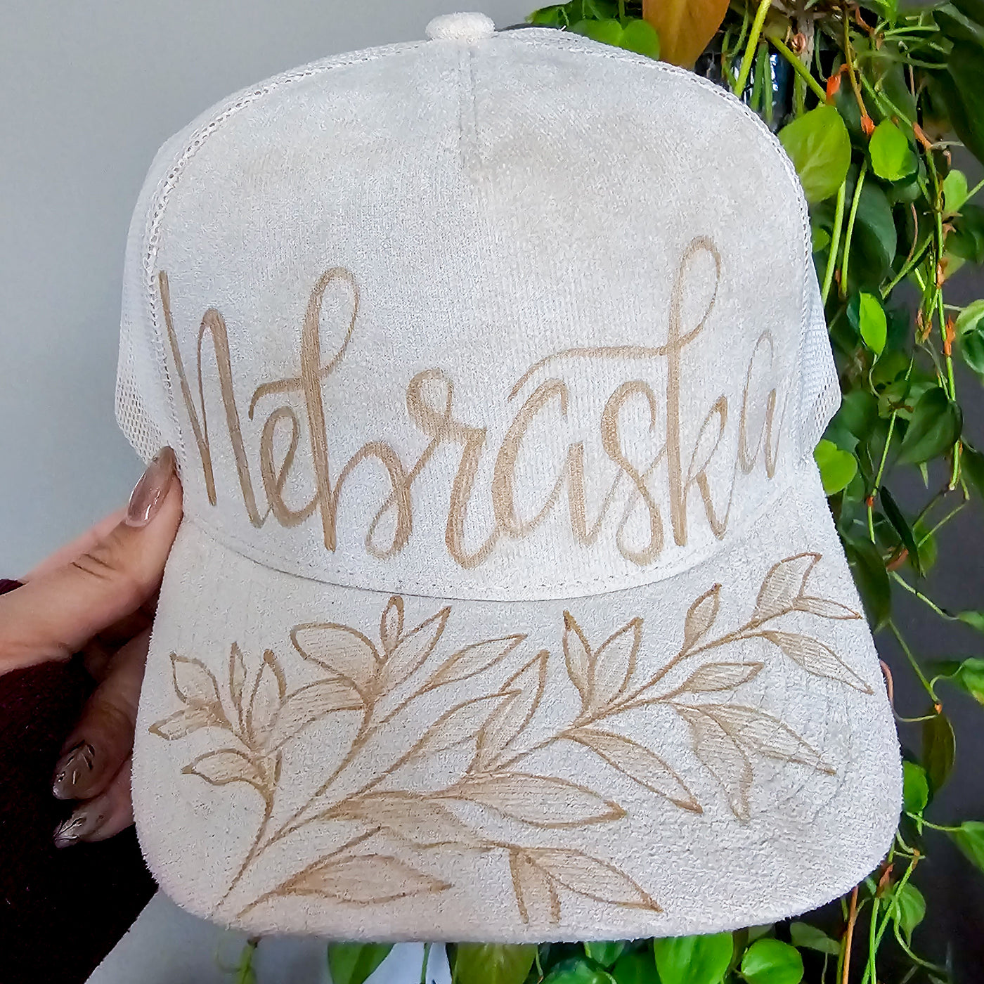 Nebraska || Ivory Suede Baseball Style Mesh Trucker Hat || Freehand Burned
