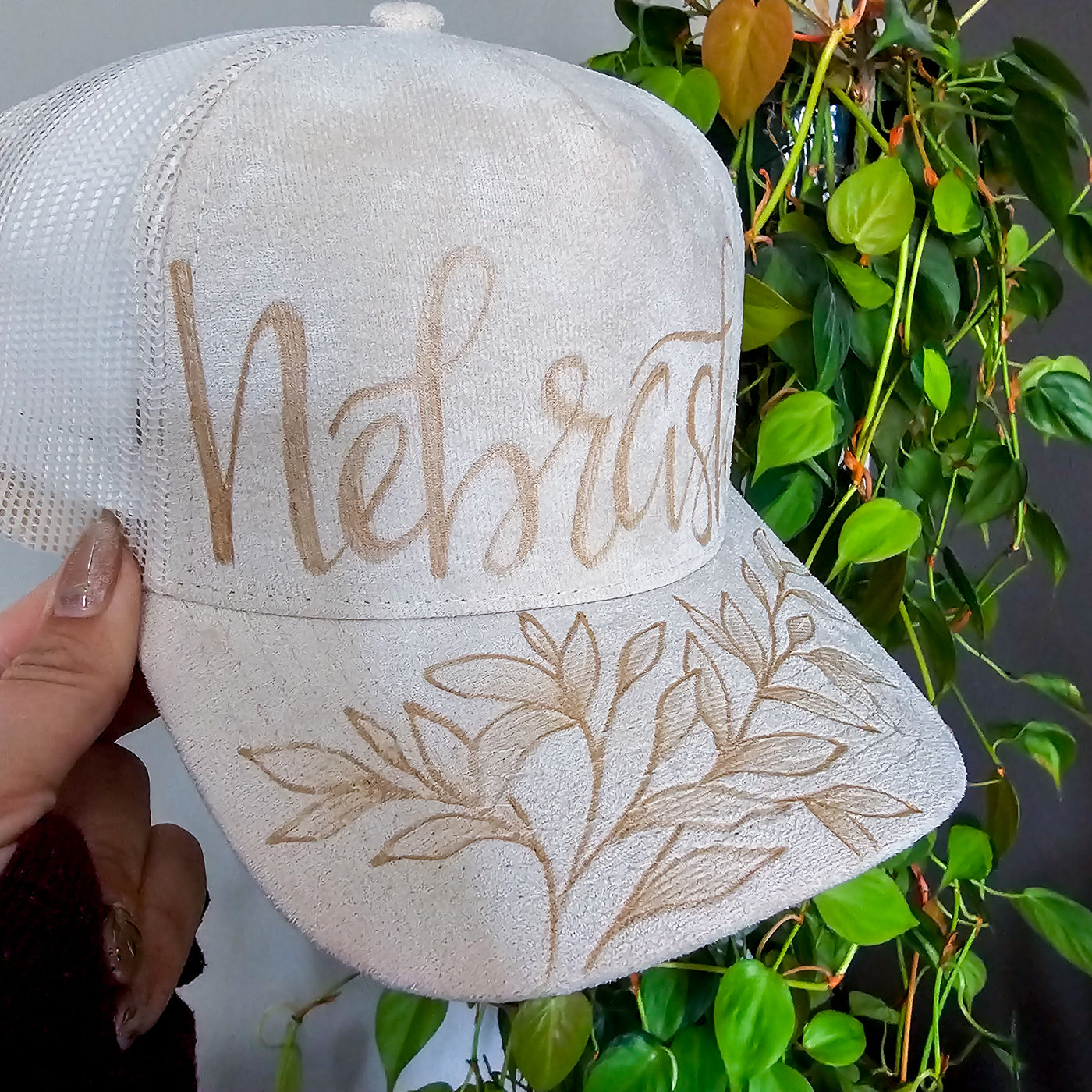 Nebraska || Ivory Suede Baseball Style Mesh Trucker Hat || Freehand Burned