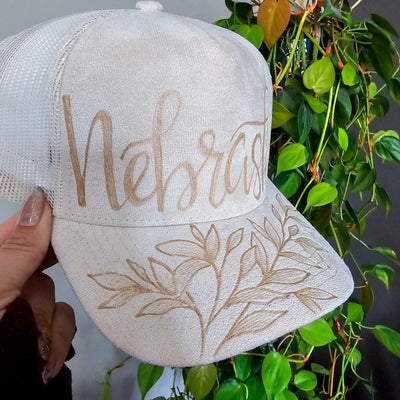 Nebraska || Ivory Suede Baseball Style Mesh Trucker Hat || Freehand Burned