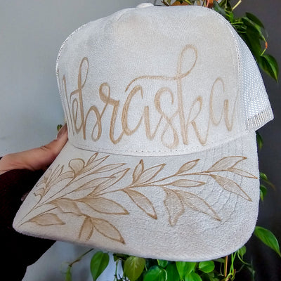 Nebraska || Ivory Suede Baseball Style Mesh Trucker Hat || Freehand Burned