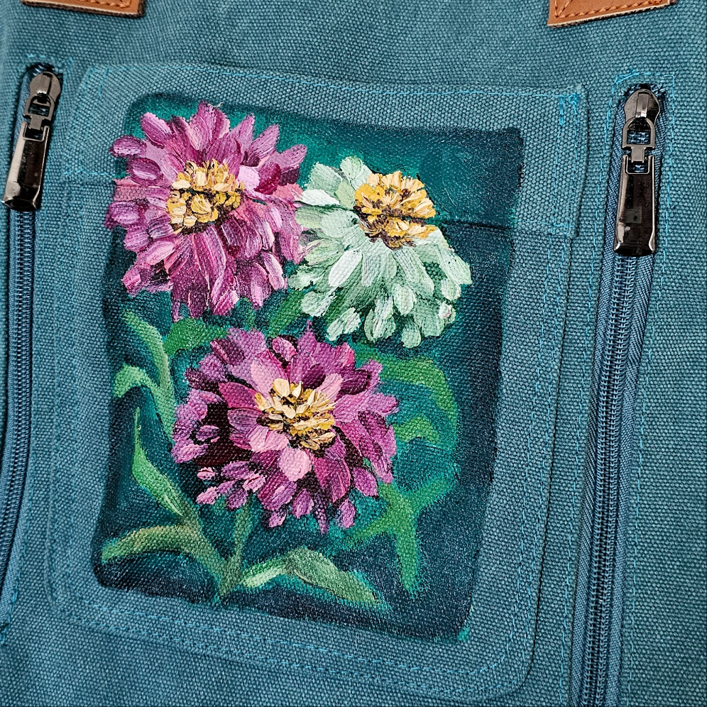 Summer Zinnias || Turquoise Canvas Hand Painted Tote Bag