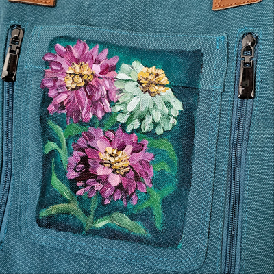 Summer Zinnias || Turquoise Canvas Hand Painted Tote Bag