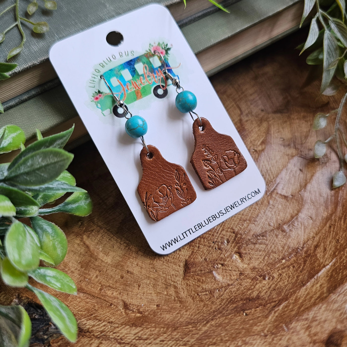 Turquoise + Leather Ear Tag Earrings